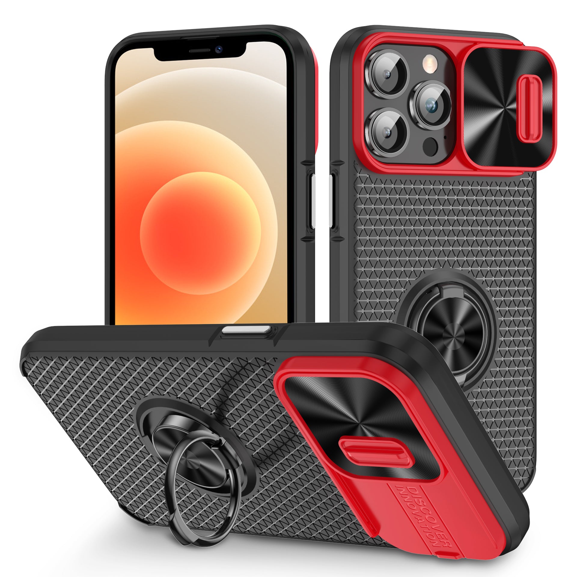 Slide Lens Protection Phone Case til iPhone 12 Pro Max Ring Kickstand PC TPU Mobiltelefon Cover Slide Lens Protection Phone Case til iPhone 12 Pro Max Ring Kickstand PC TPU Mobiltelefon Cover